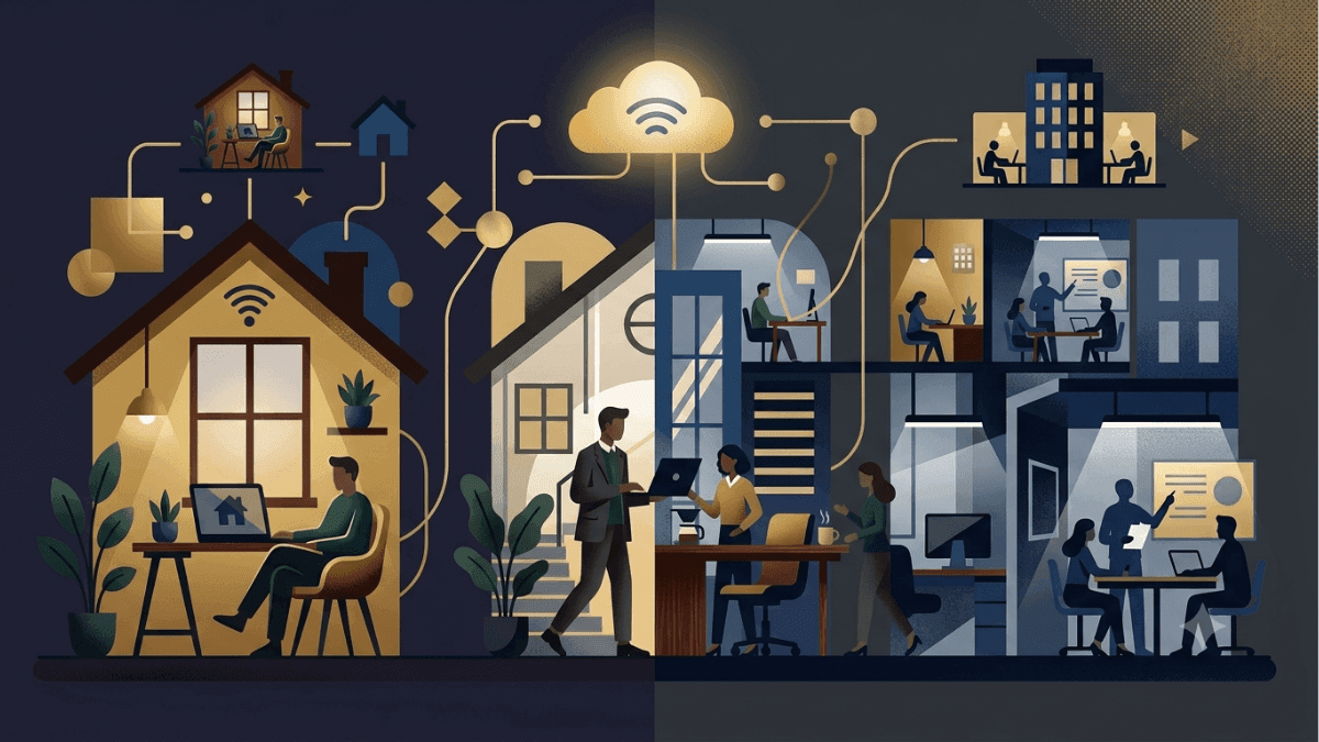 Ilustração dividida em três blocos representando os modelos de trabalho home office, híbrido e presencial em pesquisa da Robert Half.