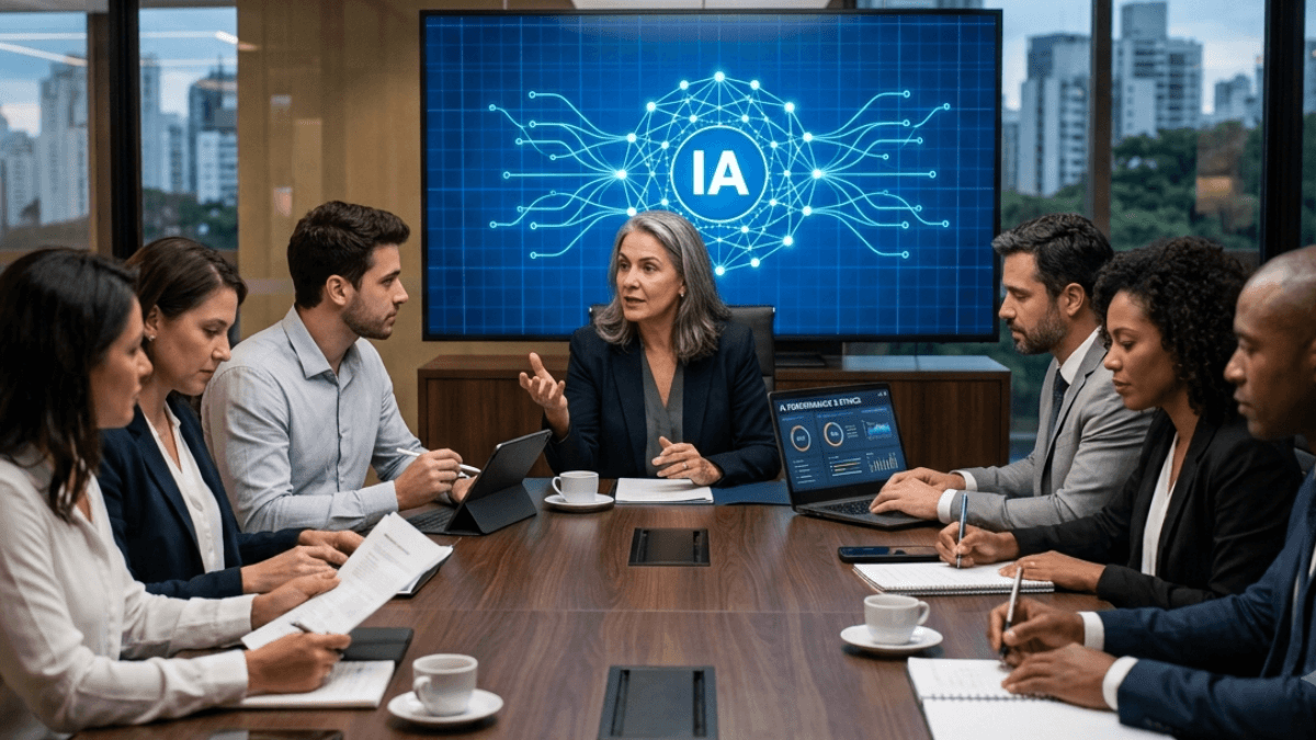 Ilustração de um conselho de administração reunido diante de uma tela com a inscrição AI, representando a governança da Inteligência Artificial nas empresas.