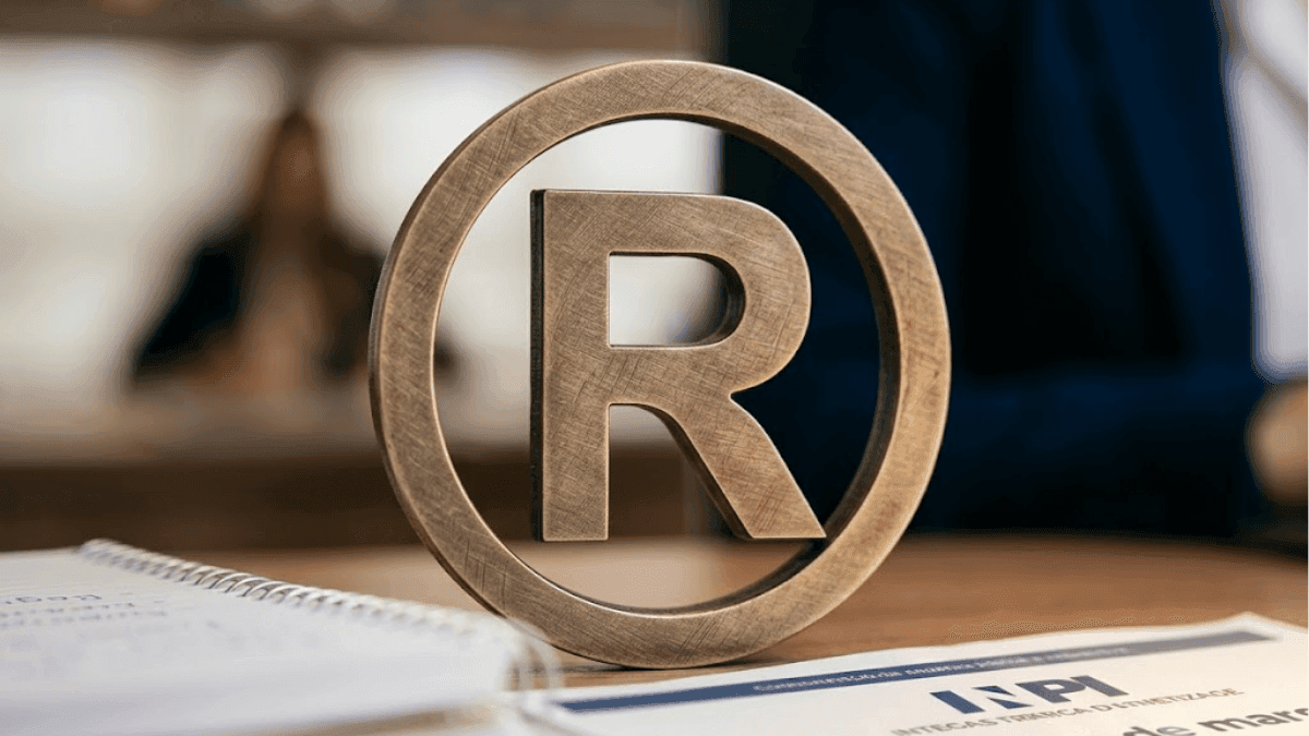 Símbolo de marca registrada (®) em destaque sobre uma mesa, com fundo desfocado de pessoas trabalhando.