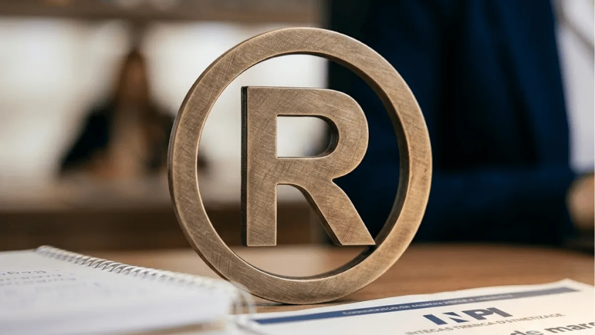 Símbolo de marca registrada (®) em destaque sobre uma mesa, com fundo desfocado de pessoas trabalhando.