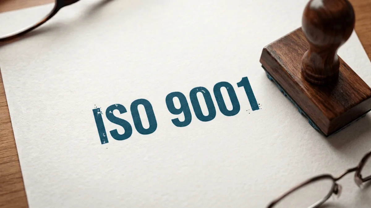 Documento com carimbo ISO 9001 sobre gestão da qualidade